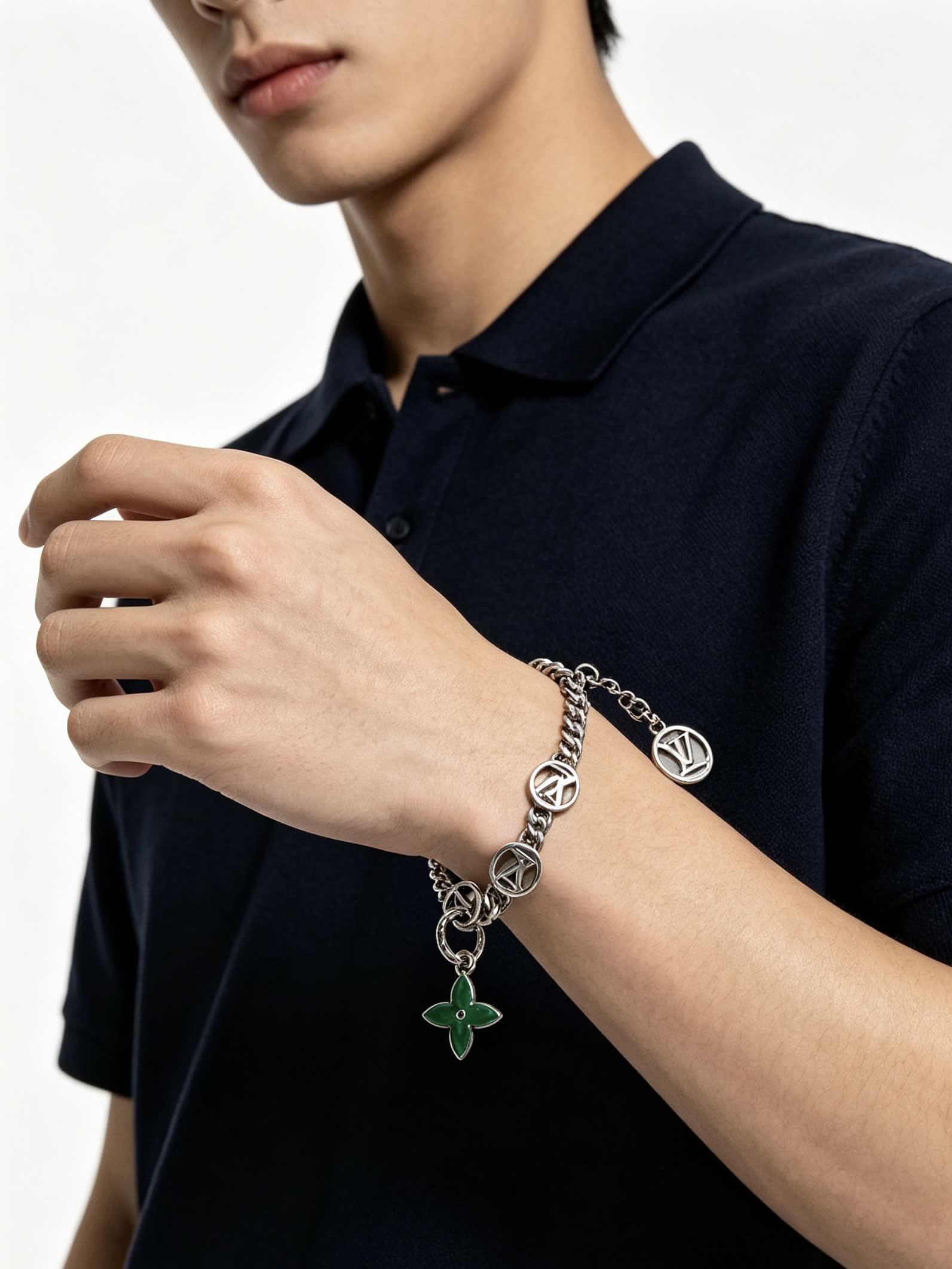 Louis Vuitton Silver Bracelet with Green Enamel Flower